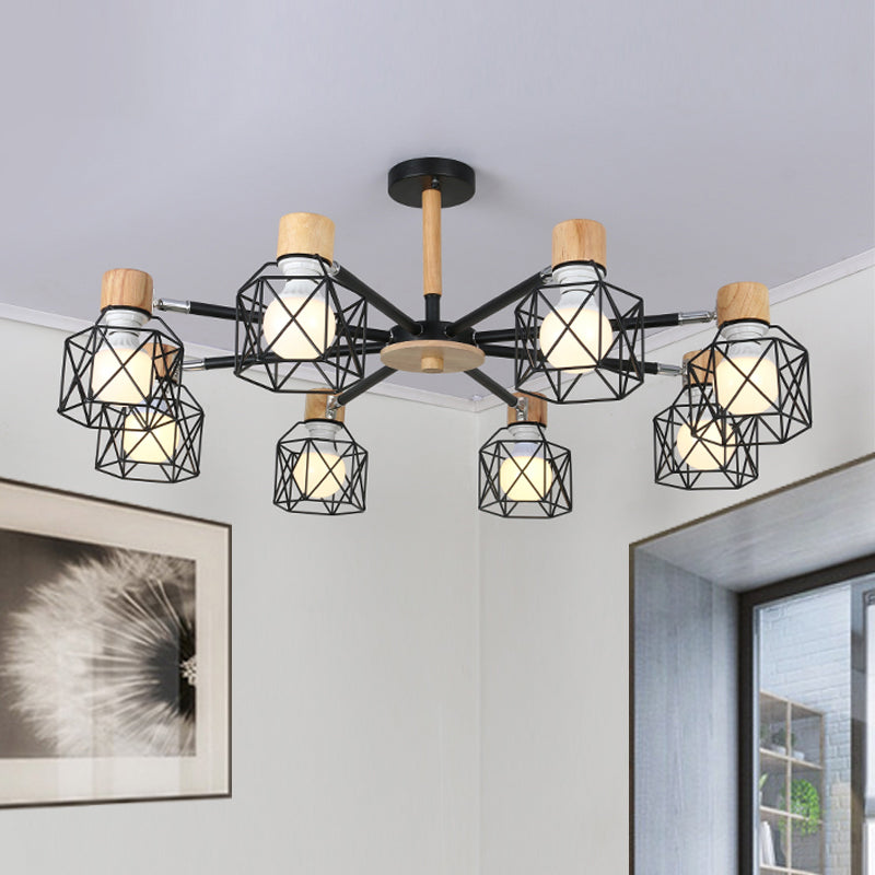 Cage Semi Flush Lamp Nordic Iron 3/6/8-Head Black/Green/Gold Ceiling Drop Pendant Lighting 8 Black Clearhalo 'Ceiling Lights' 'Close To Ceiling Lights' 'Close to ceiling' 'Semi-flushmount' Lighting' 163404