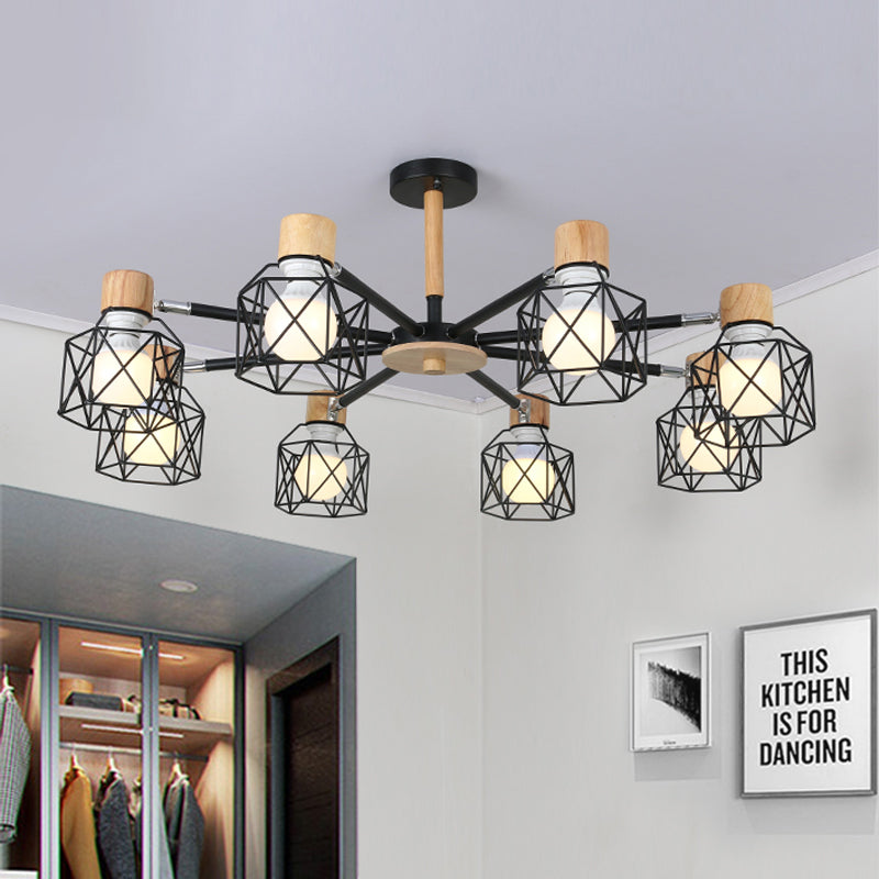 Cage Semi Flush Lamp Nordic Iron 3/6/8-Head Black/Green/Gold Ceiling Drop Pendant Lighting Clearhalo 'Ceiling Lights' 'Close To Ceiling Lights' 'Close to ceiling' 'Semi-flushmount' Lighting' 163405