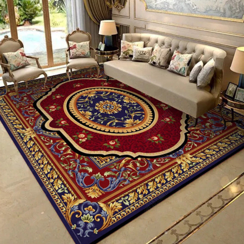 Oriental Moroccan Rug in Blue and Red Medallion Floral Leaf Pattern Rug Polyester Washable Carpet for Home Decoration Burgundy Clearhalo 'Area Rug' 'Moroccan' 'Rugs' Rug' 1634883