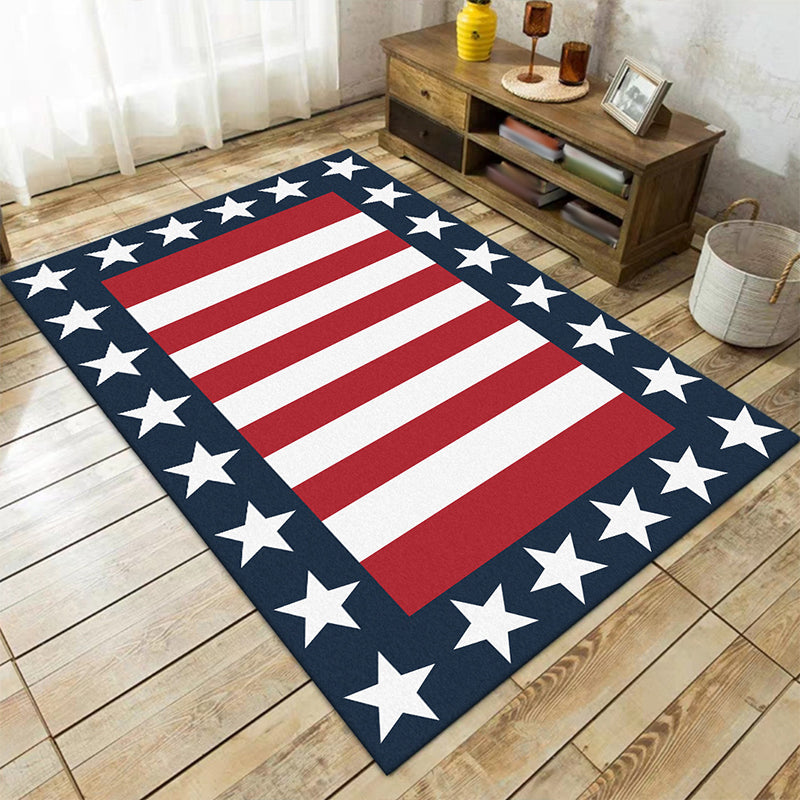 Modern Striped Pattern Rug with Star Navy and Red Polyester Rug Machine Washable Non-Slip Area Rug for Bedroom Red Clearhalo 'Area Rug' 'Modern' 'Rugs' Rug' 1635473