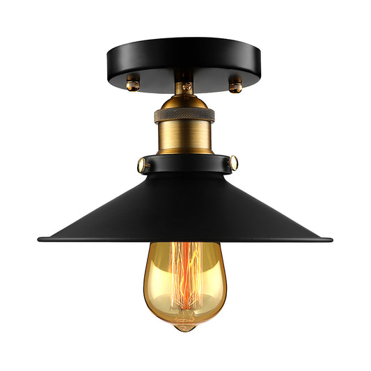 Black/Rust Cone Shade Semi Flush Mount Retro Stylish Metallic 1 Head Balcony Close to Ceiling Lighting Black Clearhalo 'Ceiling Lights' 'Close To Ceiling Lights' 'Close to ceiling' 'Flush mount' 'Industrial Flush Mount' Lighting' 16357