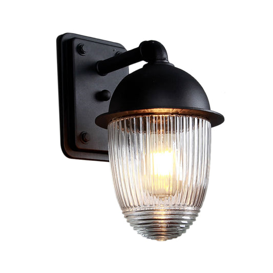 Ribbed Glass Black Sconce Light Thick Jelly Jar 1-Light Industrial Wall Lamp Fixture, 5"/6" Wide Clearhalo 'Art deco wall lights' 'Cast Iron' 'Glass' 'Industrial wall lights' 'Industrial' 'Middle century wall lights' 'Modern' 'Rustic wall lights' 'Tiffany' 'Traditional wall lights' 'Wall Lamps & Sconces' 'Wall Lights' Lighting' 163649