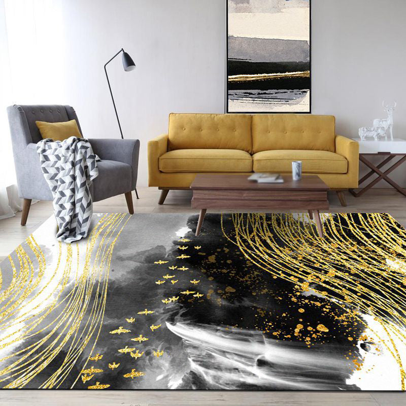 Modern Living Room Rug in Black and Yellow Abstract Waterfall Bird Line Print Rug Polyester Washable Area Rug Black-White Clearhalo 'Area Rug' 'Modern' 'Rugs' Rug' 1636523