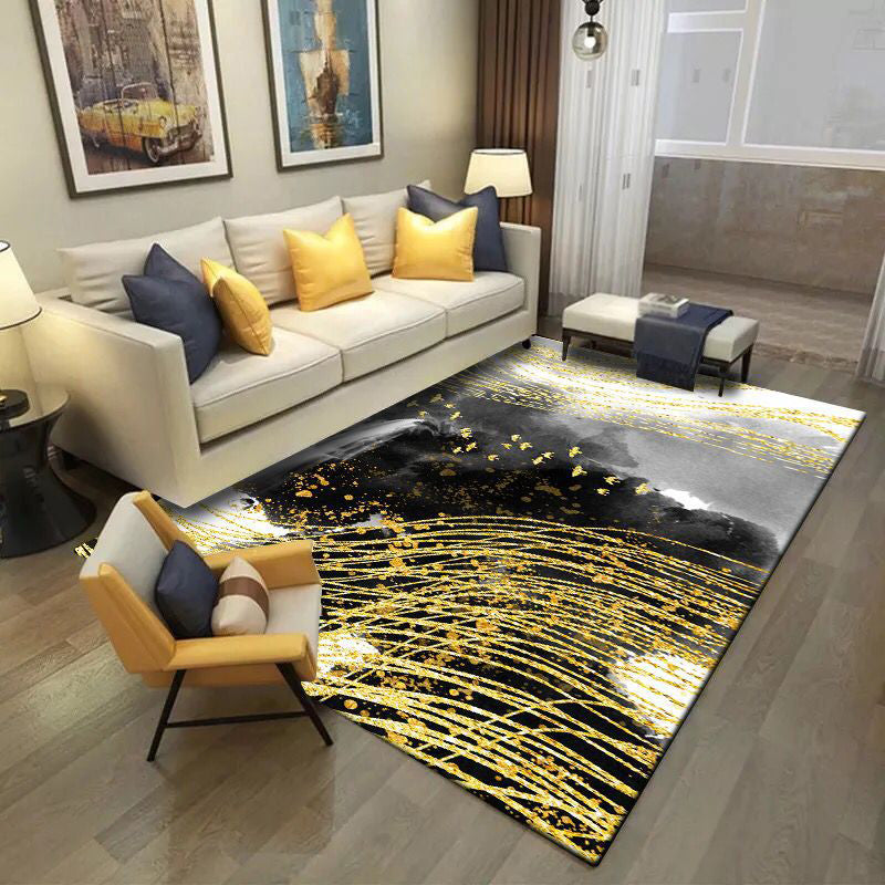 Modern Living Room Rug in Black and Yellow Abstract Waterfall Bird Line Print Rug Polyester Washable Area Rug Clearhalo 'Area Rug' 'Modern' 'Rugs' Rug' 1636524