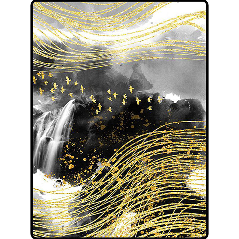 Modern Living Room Rug in Black and Yellow Abstract Waterfall Bird Line Print Rug Polyester Washable Area Rug Clearhalo 'Area Rug' 'Modern' 'Rugs' Rug' 1636525