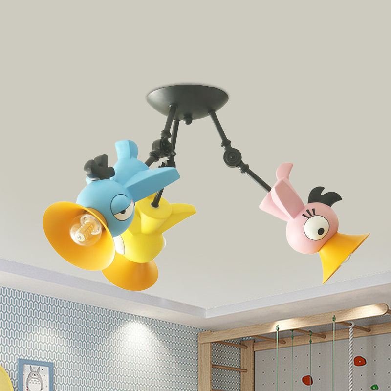 Cartoon Bird Figure Pendant Lighting Contemporary Metal 3 Light Pink/Blue/Yellow Hanging Ceiling Light for Children Room Blue-Pink-Yellow Clearhalo 'Ceiling Lights' 'Close To Ceiling Lights' 'Close to ceiling' 'Semi-flushmount' Lighting' 1636908