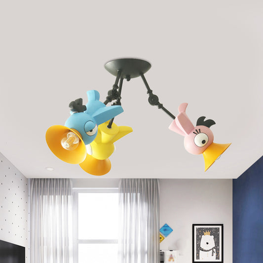 Cartoon Bird Figure Pendant Lighting Contemporary Metal 3 Light Pink/Blue/Yellow Hanging Ceiling Light for Children Room Clearhalo 'Ceiling Lights' 'Close To Ceiling Lights' 'Close to ceiling' 'Semi-flushmount' Lighting' 1636909