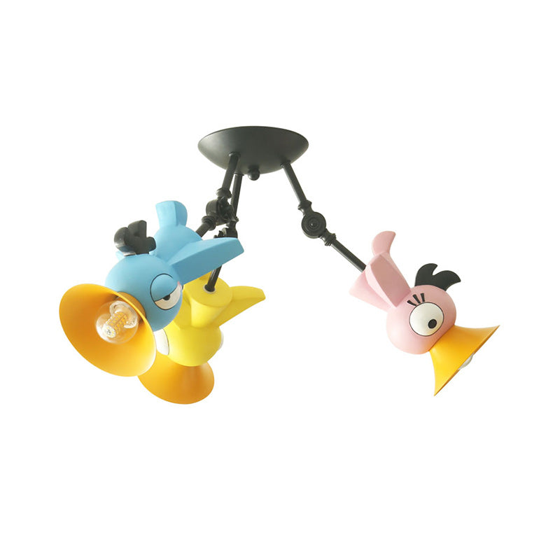 Cartoon Bird Figure Pendant Lighting Contemporary Metal 3 Light Pink/Blue/Yellow Hanging Ceiling Light for Children Room Clearhalo 'Ceiling Lights' 'Close To Ceiling Lights' 'Close to ceiling' 'Semi-flushmount' Lighting' 1636910