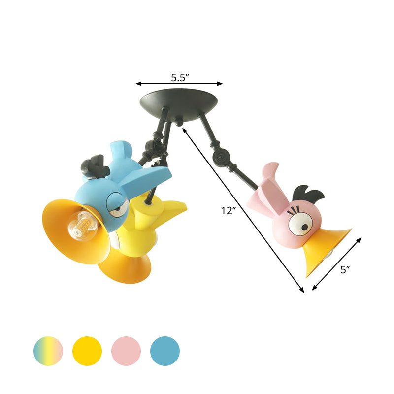 Cartoon Bird Figure Pendant Lighting Contemporary Metal 3 Light Pink/Blue/Yellow Hanging Ceiling Light for Children Room Clearhalo 'Ceiling Lights' 'Close To Ceiling Lights' 'Close to ceiling' 'Semi-flushmount' Lighting' 1636911