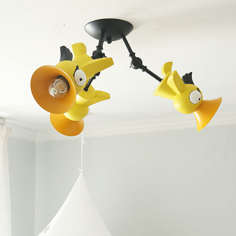 Cartoon Bird Figure Pendant Lighting Contemporary Metal 3 Light Pink/Blue/Yellow Hanging Ceiling Light for Children Room Yellow Clearhalo 'Ceiling Lights' 'Close To Ceiling Lights' 'Close to ceiling' 'Semi-flushmount' Lighting' 1636912