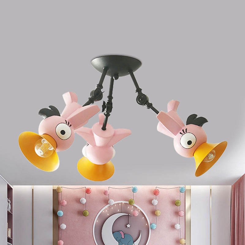 Cartoon Bird Figure Pendant Lighting Contemporary Metal 3 Light Pink/Blue/Yellow Hanging Ceiling Light for Children Room Pink Clearhalo 'Ceiling Lights' 'Close To Ceiling Lights' 'Close to ceiling' 'Semi-flushmount' Lighting' 1636916