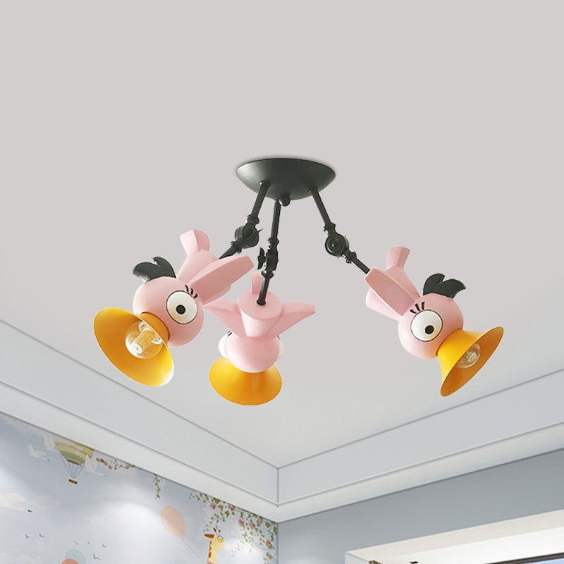 Cartoon Bird Figure Pendant Lighting Contemporary Metal 3 Light Pink/Blue/Yellow Hanging Ceiling Light for Children Room Clearhalo 'Ceiling Lights' 'Close To Ceiling Lights' 'Close to ceiling' 'Semi-flushmount' Lighting' 1636917