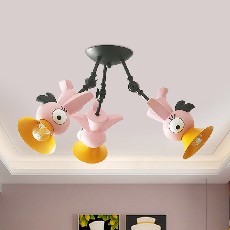 Cartoon Bird Figure Pendant Lighting Contemporary Metal 3 Light Pink/Blue/Yellow Hanging Ceiling Light for Children Room Clearhalo 'Ceiling Lights' 'Close To Ceiling Lights' 'Close to ceiling' 'Semi-flushmount' Lighting' 1636918