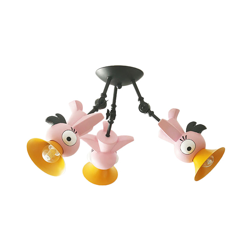 Cartoon Bird Figure Pendant Lighting Contemporary Metal 3 Light Pink/Blue/Yellow Hanging Ceiling Light for Children Room Clearhalo 'Ceiling Lights' 'Close To Ceiling Lights' 'Close to ceiling' 'Semi-flushmount' Lighting' 1636919