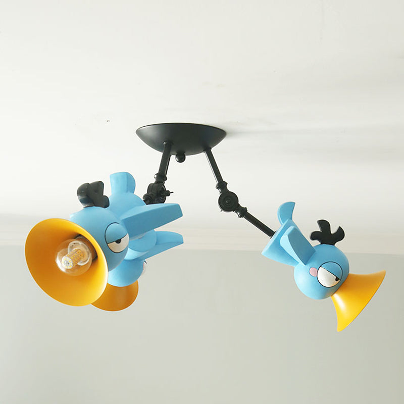 Cartoon Bird Figure Pendant Lighting Contemporary Metal 3 Light Pink/Blue/Yellow Hanging Ceiling Light for Children Room Blue Clearhalo 'Ceiling Lights' 'Close To Ceiling Lights' 'Close to ceiling' 'Semi-flushmount' Lighting' 1636920