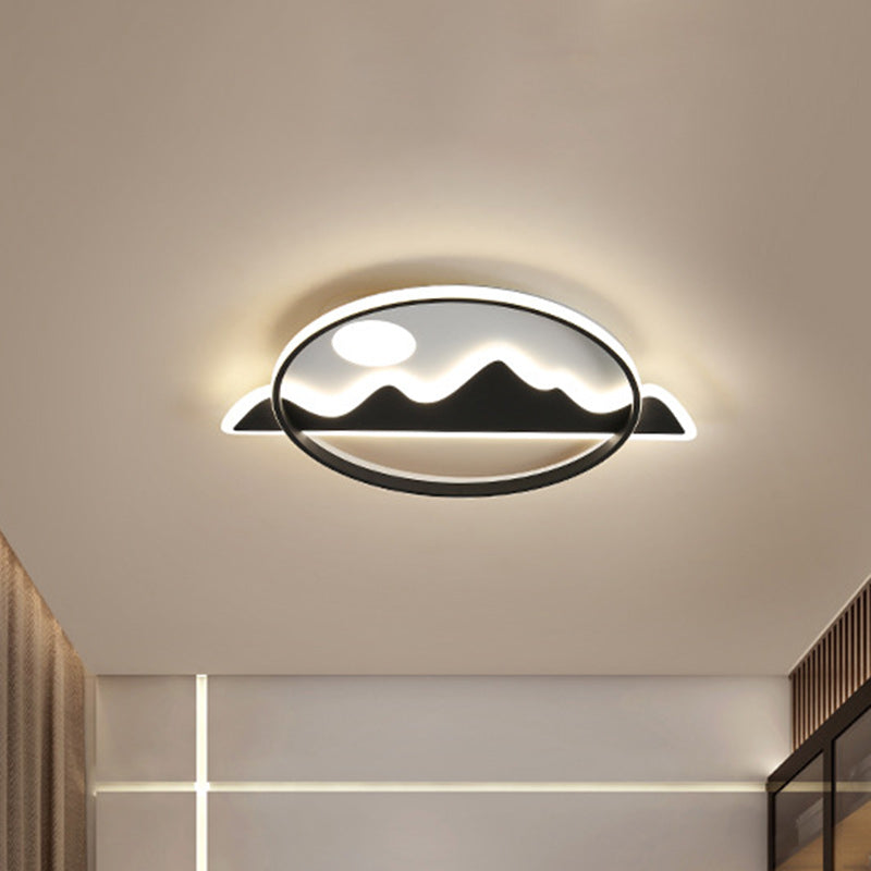 LED Flush Ceiling Lamp Modernist Black Living Room Flush Light Fixture with Mountain and Sun Pattern Black Clearhalo 'Ceiling Lights' 'Close To Ceiling Lights' 'Close to ceiling' 'Flush mount' Lighting' 1636924