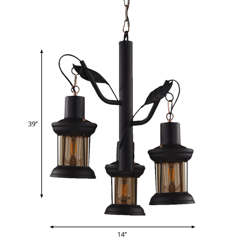 Factory Kerosene Lamp Drop Pendant 3 Heads Clear Glass Tree Design Ceiling Chandelier in Black Clearhalo 'Cast Iron' 'Ceiling Lights' 'Chandeliers' 'Industrial Chandeliers' 'Industrial' 'Metal' 'Middle Century Chandeliers' 'Rustic Chandeliers' 'Tiffany' Lighting' 1636958