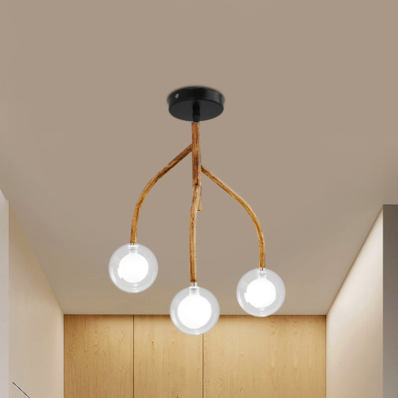 Clear Glass Brown Semi Flush Modo 3 Heads Vintage Flush Light Fixture with Branch Design Brown Clearhalo 'Ceiling Lights' 'Close To Ceiling Lights' 'Close to ceiling' 'Glass shade' 'Glass' 'Pendant Lights' 'Semi-flushmount' Lighting' 1636981