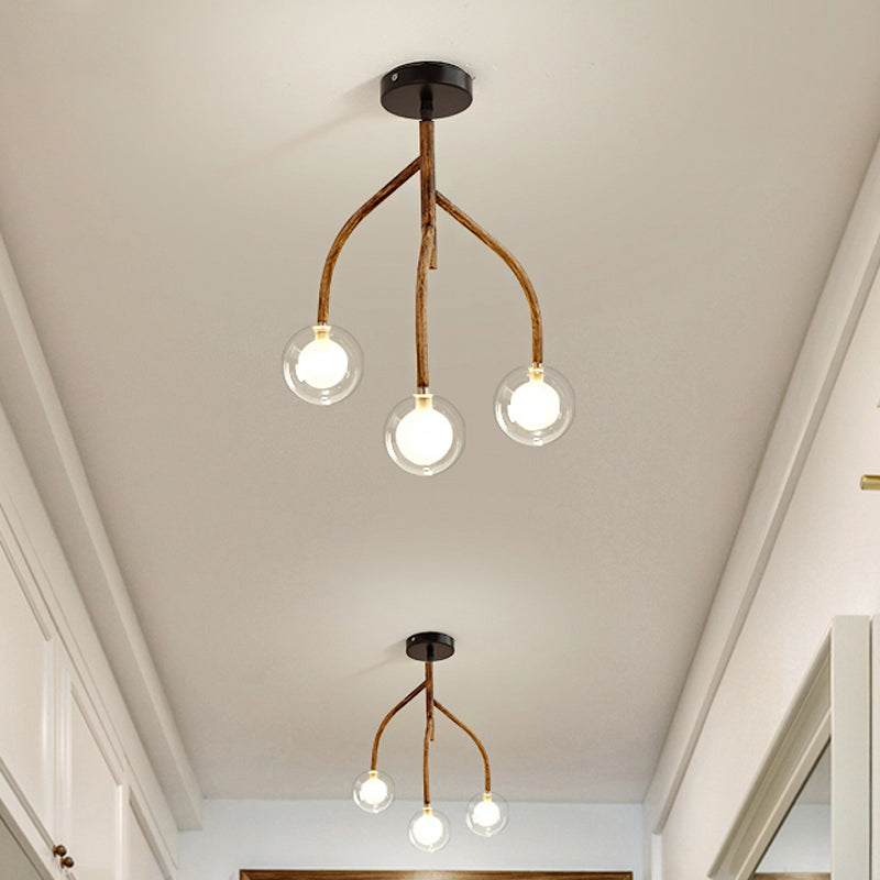 Clear Glass Brown Semi Flush Modo 3 Heads Vintage Flush Light Fixture with Branch Design Clearhalo 'Ceiling Lights' 'Close To Ceiling Lights' 'Close to ceiling' 'Glass shade' 'Glass' 'Pendant Lights' 'Semi-flushmount' Lighting' 1636982