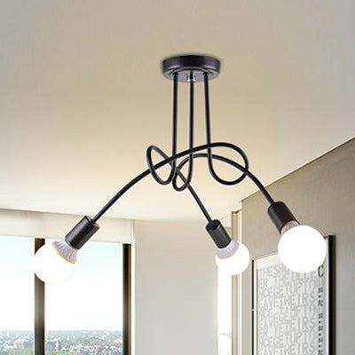 3/5-Head Ceiling Flush Mount with Twist Arm Metal Retro Stylish Kitchen Semi Flush Mount Lighting in Black/White Clearhalo 'Ceiling Lights' 'Close To Ceiling Lights' 'Close to ceiling' 'Semi-flushmount' Lighting' 16371