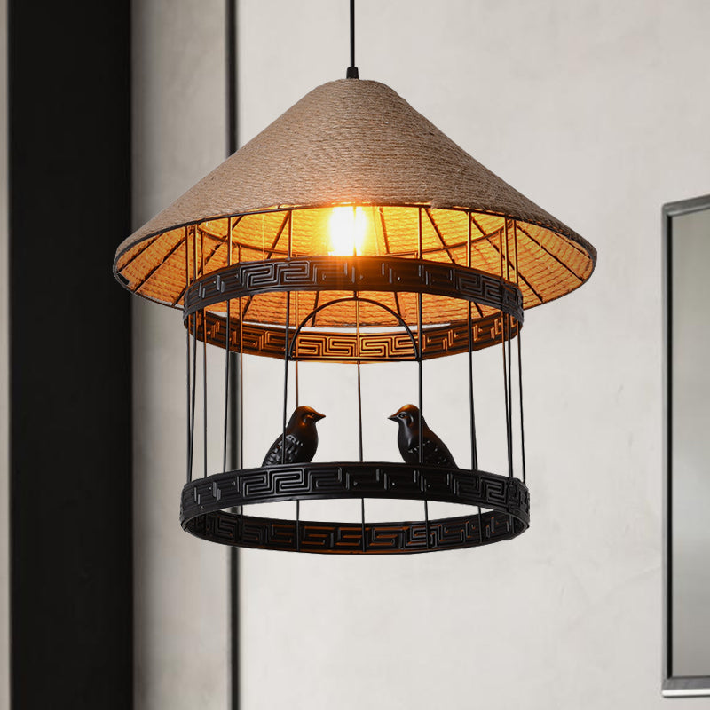 Metallic Black Hanging Lamp Bird Cage Single Bulb Antique Drop Pendant with Conical Rope Shade Black Clearhalo 'Ceiling Lights' 'Industrial Pendants' 'Industrial' 'Middle Century Pendants' 'Pendant Lights' 'Pendants' 'Tiffany' Lighting' 1637107