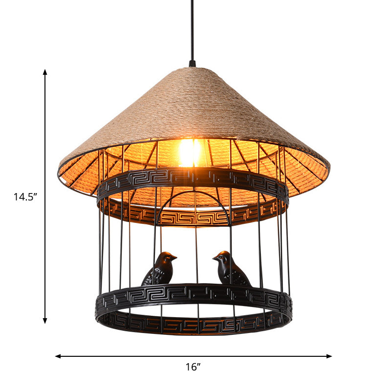 Metallic Black Hanging Lamp Bird Cage Single Bulb Antique Drop Pendant with Conical Rope Shade Clearhalo 'Ceiling Lights' 'Industrial Pendants' 'Industrial' 'Middle Century Pendants' 'Pendant Lights' 'Pendants' 'Tiffany' Lighting' 1637110