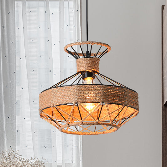 Beige 1-Light Suspension Lamp Traditional Rope Grenade Cage Hanging Ceiling Lighting for Dining Hall Beige Clearhalo 'Ceiling Lights' 'Industrial Pendants' 'Industrial' 'Middle Century Pendants' 'Pendant Lights' 'Pendants' 'Tiffany' Lighting' 1637111