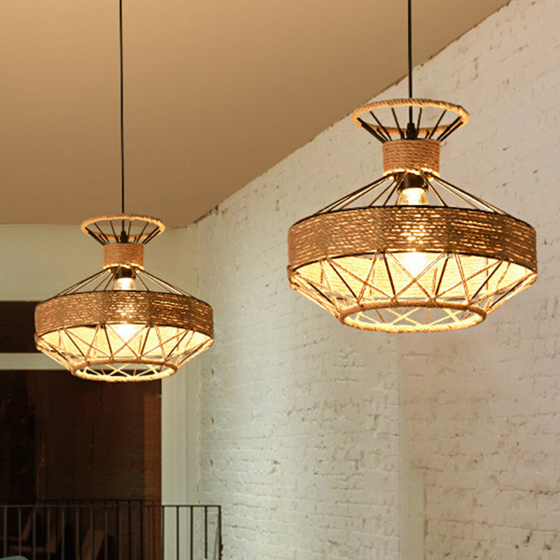 Beige 1-Light Suspension Lamp Traditional Rope Grenade Cage Hanging Ceiling Lighting for Dining Hall Clearhalo 'Ceiling Lights' 'Industrial Pendants' 'Industrial' 'Middle Century Pendants' 'Pendant Lights' 'Pendants' 'Tiffany' Lighting' 1637112
