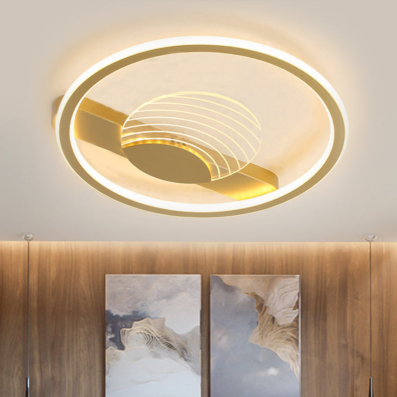 Minimalism Circle and Line Ceiling Lamp Metallic 16"/19.5" W LED Bedroom Flush Mount Fixture in Black/Gold, Warm/White Light Gold Clearhalo 'Ceiling Lights' 'Close To Ceiling Lights' 'Close to ceiling' 'Flush mount' Lighting' 1637226