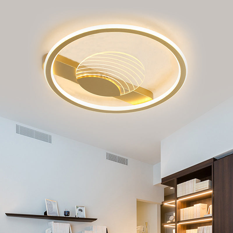 Minimalism Circle and Line Ceiling Lamp Metallic 16"/19.5" W LED Bedroom Flush Mount Fixture in Black/Gold, Warm/White Light Clearhalo 'Ceiling Lights' 'Close To Ceiling Lights' 'Close to ceiling' 'Flush mount' Lighting' 1637227