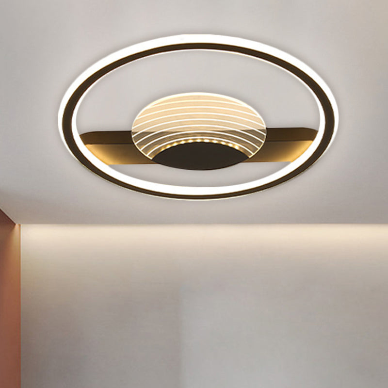 Minimalism Circle and Line Ceiling Lamp Metallic 16"/19.5" W LED Bedroom Flush Mount Fixture in Black/Gold, Warm/White Light Clearhalo 'Ceiling Lights' 'Close To Ceiling Lights' 'Close to ceiling' 'Flush mount' Lighting' 1637232