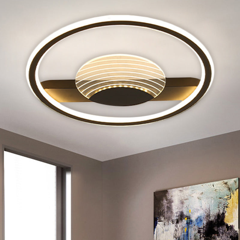 Minimalism Circle and Line Ceiling Lamp Metallic 16"/19.5" W LED Bedroom Flush Mount Fixture in Black/Gold, Warm/White Light Clearhalo 'Ceiling Lights' 'Close To Ceiling Lights' 'Close to ceiling' 'Flush mount' Lighting' 1637233