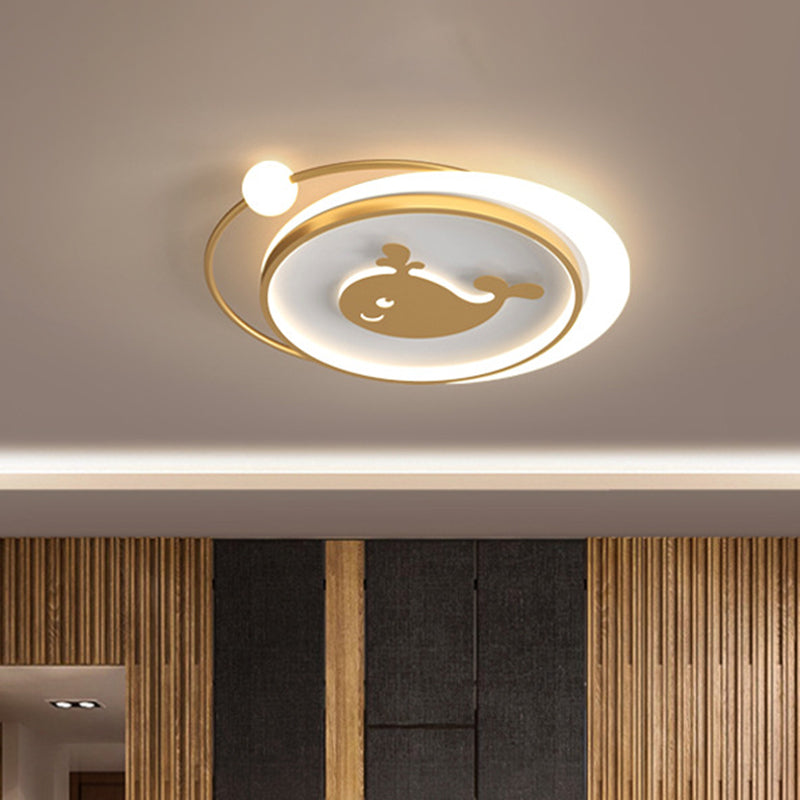 Circular Children Room Ceiling Mounted Fixture Metallic LED Flush Mount Lamp in Gold with Plane/Heart/Dolphin Pattern Gold Fish Clearhalo 'Ceiling Lights' 'Close To Ceiling Lights' 'Close to ceiling' 'Flush mount' Lighting' 1637302