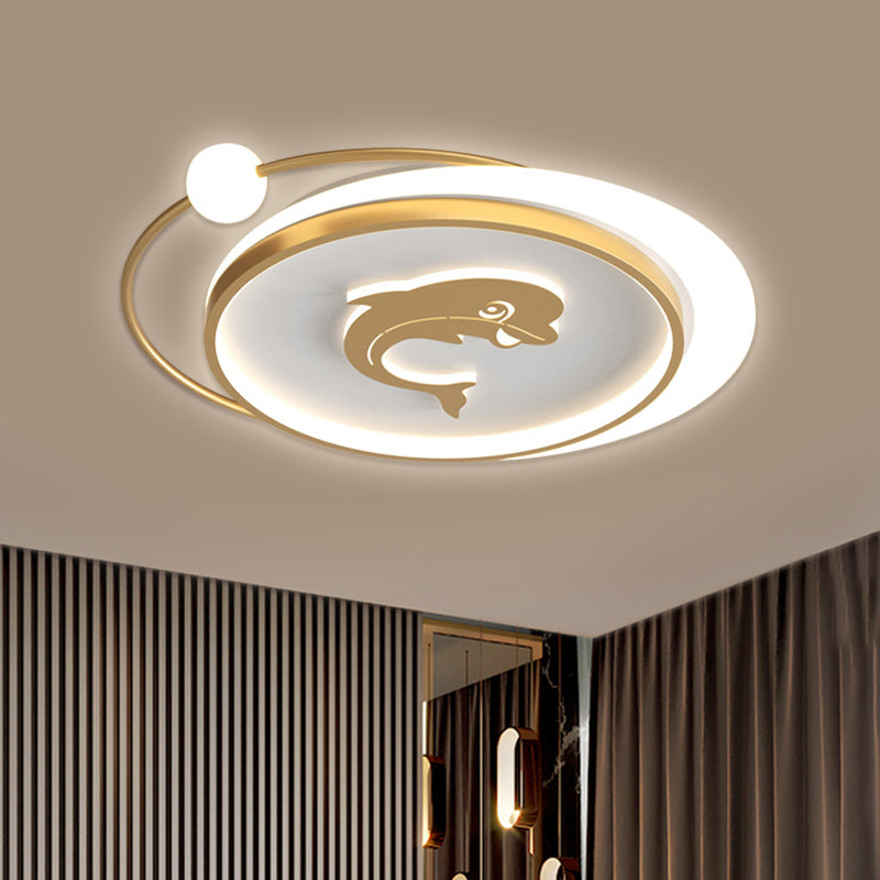 Circular Children Room Ceiling Mounted Fixture Metallic LED Flush Mount Lamp in Gold with Plane/Heart/Dolphin Pattern Gold Dolphin Clearhalo 'Ceiling Lights' 'Close To Ceiling Lights' 'Close to ceiling' 'Flush mount' Lighting' 1637306