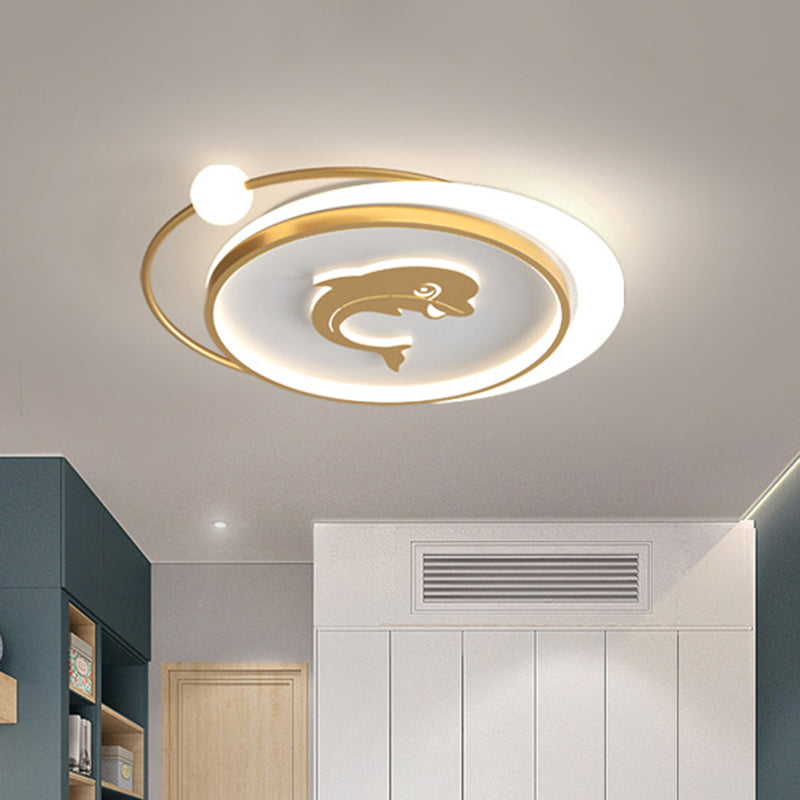 Circular Children Room Ceiling Mounted Fixture Metallic LED Flush Mount Lamp in Gold with Plane/Heart/Dolphin Pattern Clearhalo 'Ceiling Lights' 'Close To Ceiling Lights' 'Close to ceiling' 'Flush mount' Lighting' 1637307