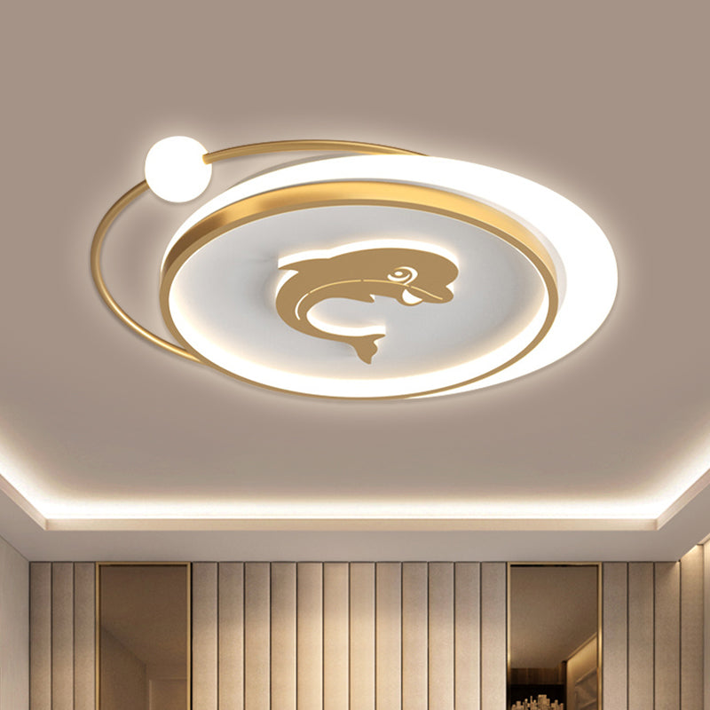 Circular Children Room Ceiling Mounted Fixture Metallic LED Flush Mount Lamp in Gold with Plane/Heart/Dolphin Pattern Clearhalo 'Ceiling Lights' 'Close To Ceiling Lights' 'Close to ceiling' 'Flush mount' Lighting' 1637308