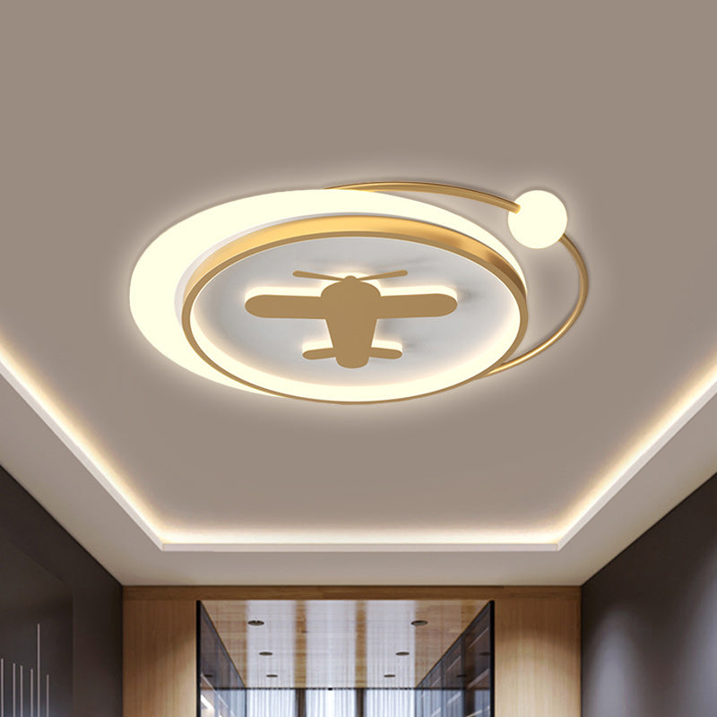 Circular Children Room Ceiling Mounted Fixture Metallic LED Flush Mount Lamp in Gold with Plane/Heart/Dolphin Pattern Gold Airplane Clearhalo 'Ceiling Lights' 'Close To Ceiling Lights' 'Close to ceiling' 'Flush mount' Lighting' 1637311