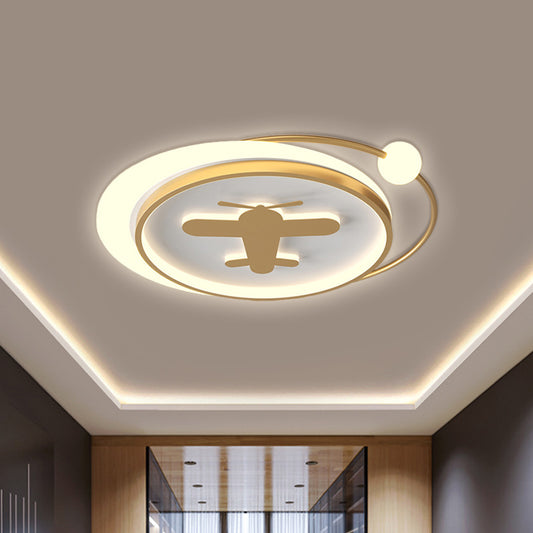 Circular Children Room Ceiling Mounted Fixture Metallic LED Flush Mount Lamp in Gold with Plane/Heart/Dolphin Pattern Gold Airplane Clearhalo 'Ceiling Lights' 'Close To Ceiling Lights' 'Close to ceiling' 'Flush mount' Lighting' 1637311