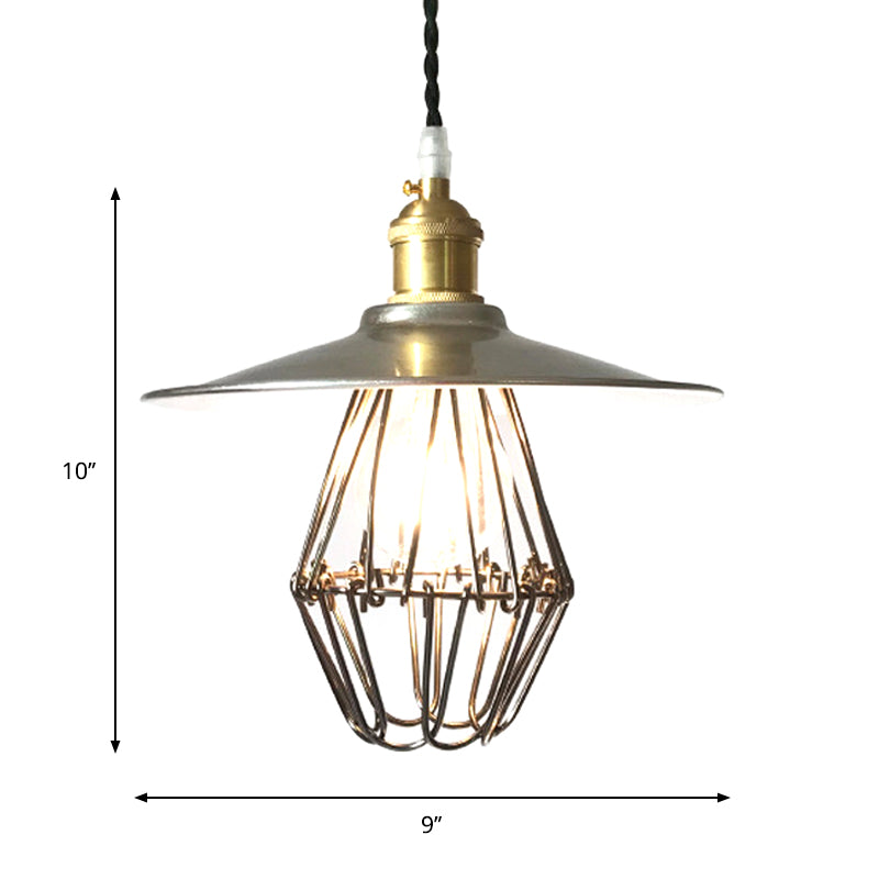 Industrial Saucer-Like Drop Pendant Single Light Metal Caged Design Hanging Ceiling Lamp in Nickel, 9"/14" Width Clearhalo 'Art Deco Pendants' 'Cast Iron' 'Ceiling Lights' 'Ceramic' 'Crystal' 'Industrial Pendants' 'Industrial' 'Metal' 'Middle Century Pendants' 'Pendant Lights' 'Pendants' 'Tiffany' Lighting' 1637445