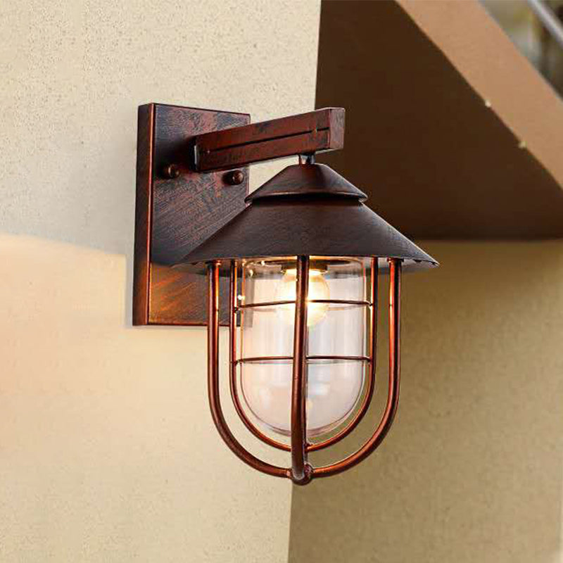 Lantern-Like Balcony Wall Sconce Warehouse Metal 1 Head Weathered Copper/Black Wall Lighting Fixture with Oval Clear Glass Shade Clearhalo 'Art deco wall lights' 'Cast Iron' 'Glass' 'Industrial wall lights' 'Industrial' 'Middle century wall lights' 'Modern' 'Rustic wall lights' 'Tiffany' 'Traditional wall lights' 'Wall Lamps & Sconces' 'Wall Lights' Lighting' 1637461