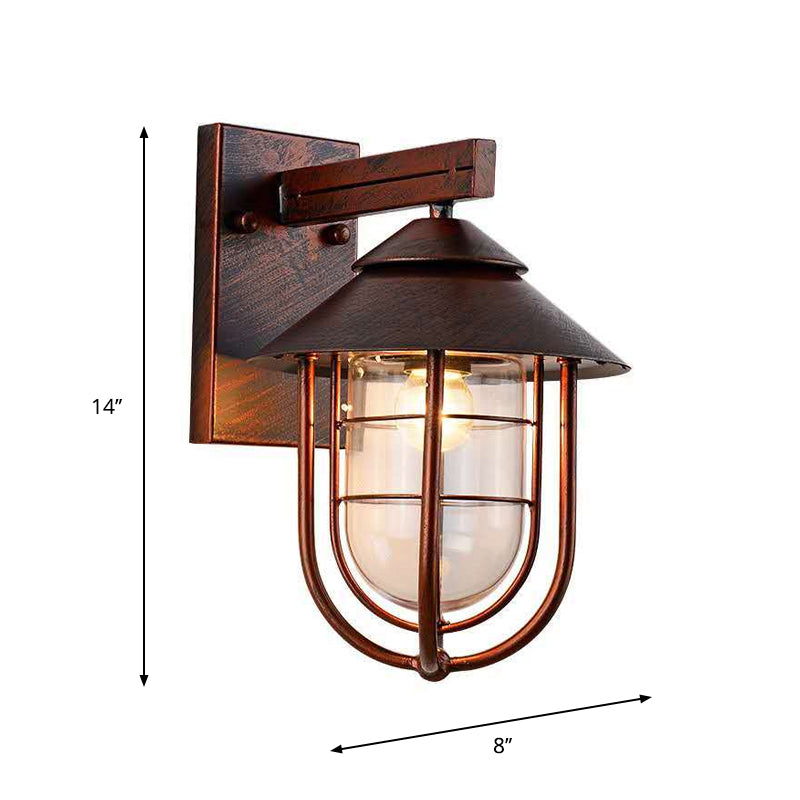 Lantern-Like Balcony Wall Sconce Warehouse Metal 1 Head Weathered Copper/Black Wall Lighting Fixture with Oval Clear Glass Shade Clearhalo 'Art deco wall lights' 'Cast Iron' 'Glass' 'Industrial wall lights' 'Industrial' 'Middle century wall lights' 'Modern' 'Rustic wall lights' 'Tiffany' 'Traditional wall lights' 'Wall Lamps & Sconces' 'Wall Lights' Lighting' 1637463