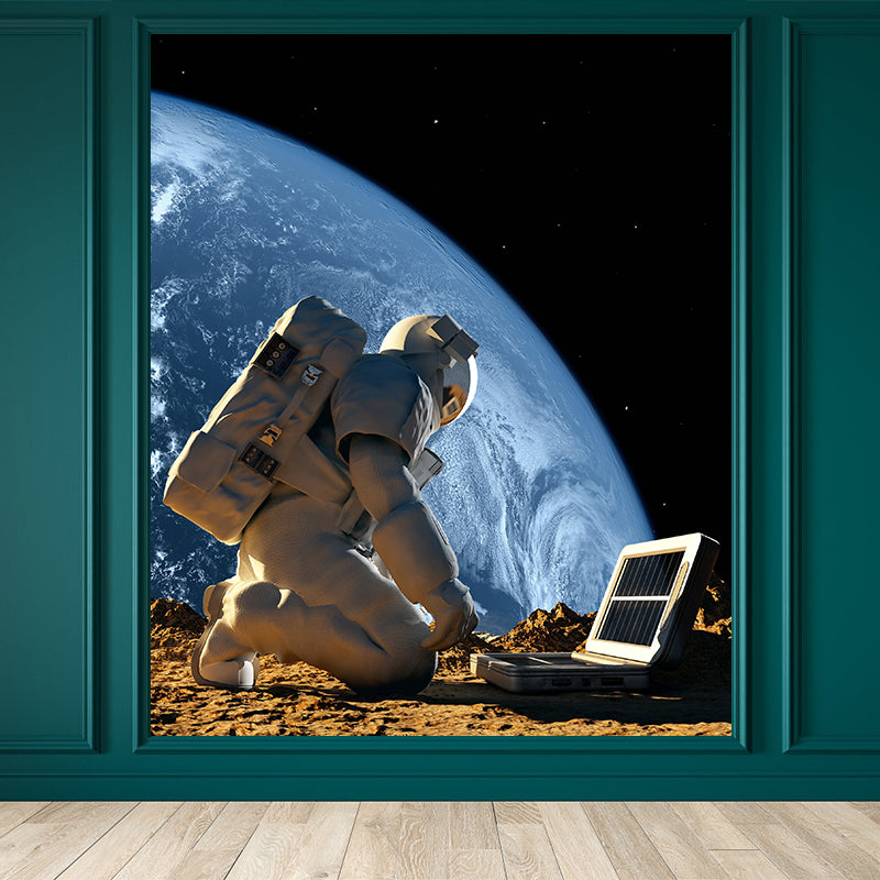 Astronaut and Earth View Mural Wallpaper Fictional Non-Woven Cloth Wall Covering Blue Clearhalo 'Wall Decor' 'Wall Mural' 1637538