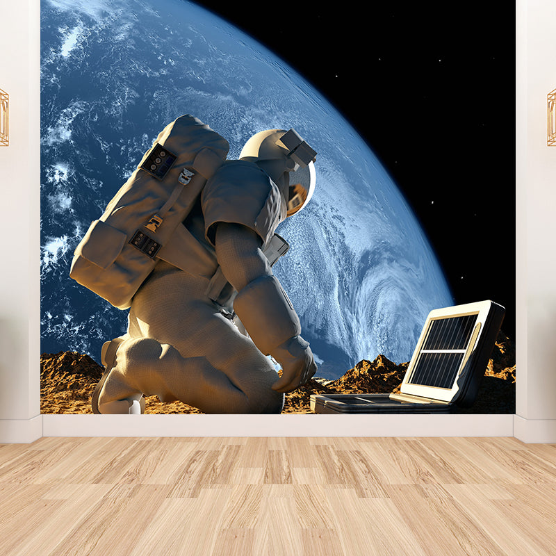 Astronaut and Earth View Mural Wallpaper Fictional Non-Woven Cloth Wall Covering Clearhalo 'Wall Decor' 'Wall Mural' 1637539