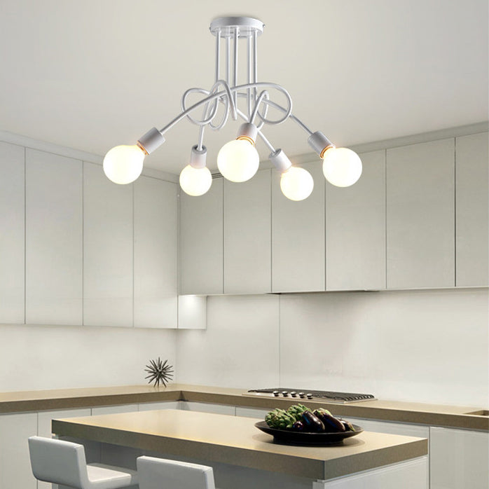 3/5-Head Ceiling Flush Mount with Twist Arm Metal Retro Stylish Kitchen Semi Flush Mount Lighting in Black/White 5 White Clearhalo 'Ceiling Lights' 'Close To Ceiling Lights' 'Close to ceiling' 'Semi-flushmount' Lighting' 16377