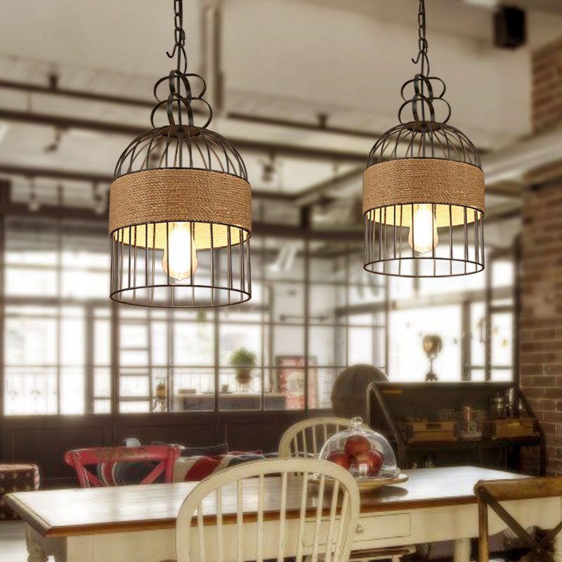 Industrial Bird Cage Hanging Lamp 1 Head Metal and Rope Hanging Light in Black for Restaurant Black Clearhalo 'Art Deco Pendants' 'Black' 'Cast Iron' 'Ceiling Lights' 'Ceramic' 'Crystal' 'Industrial Pendants' 'Industrial' 'Metal' 'Middle Century Pendants' 'Pendant Lights' 'Pendants' 'Rustic Pendants' 'Tiffany' Lighting' 163780