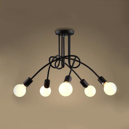 3/5-Head Ceiling Flush Mount with Twist Arm Metal Retro Stylish Kitchen Semi Flush Mount Lighting in Black/White 5 Black Clearhalo 'Ceiling Lights' 'Close To Ceiling Lights' 'Close to ceiling' 'Semi-flushmount' Lighting' 16379