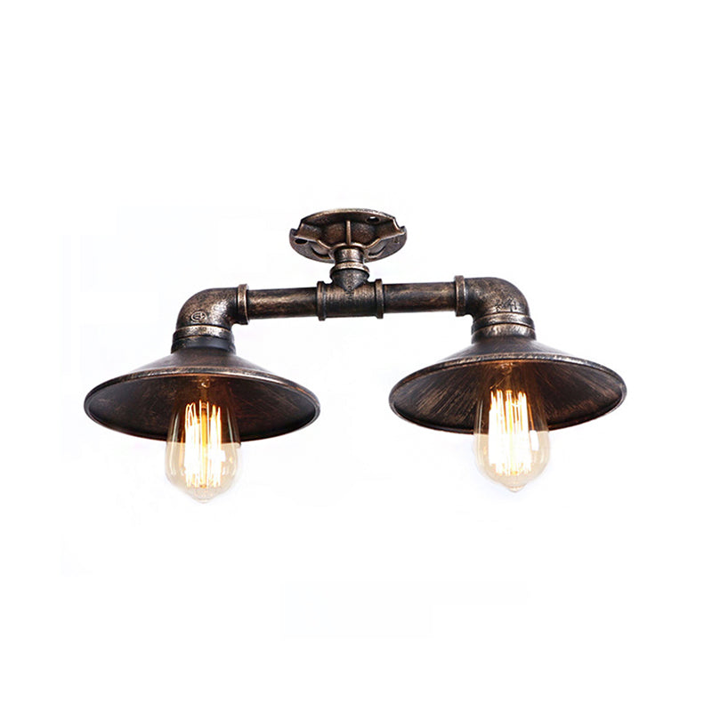 Saucer Wrought Iron Semi Flush Light Industrial Stylish 2 Lights Living Room Ceiling Mount Light in Bronze/Aged Silver Clearhalo 'Ceiling Lights' 'Close To Ceiling Lights' 'Close to ceiling' 'Semi-flushmount' Lighting' 163840