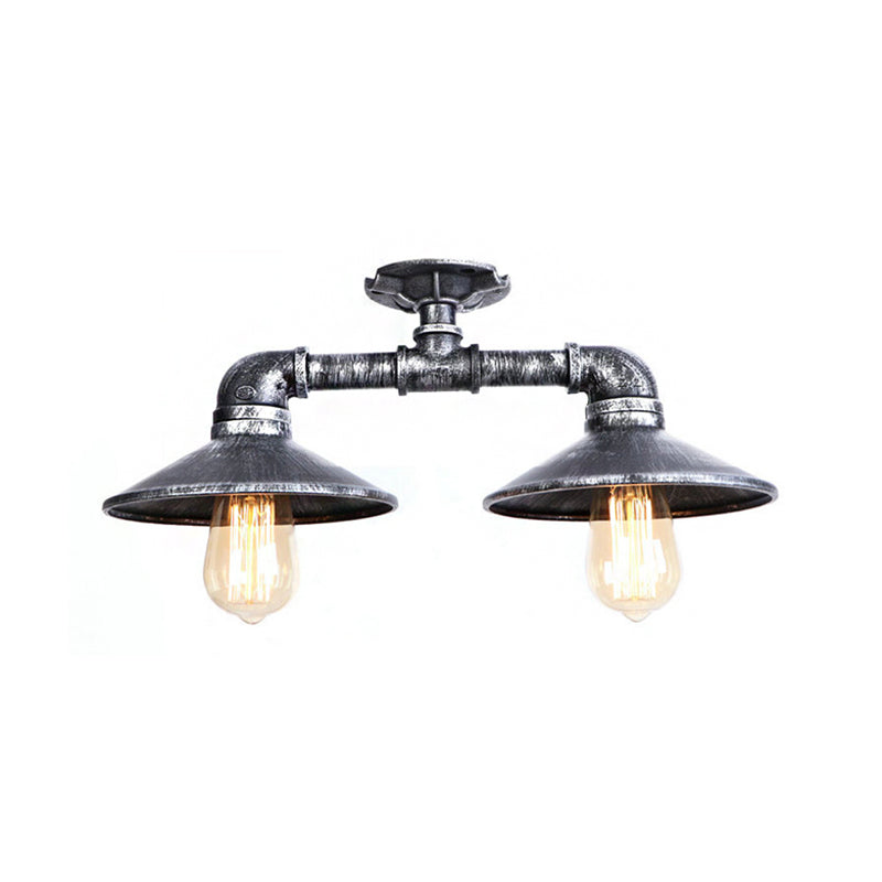 Saucer Wrought Iron Semi Flush Light Industrial Stylish 2 Lights Living Room Ceiling Mount Light in Bronze/Aged Silver Clearhalo 'Ceiling Lights' 'Close To Ceiling Lights' 'Close to ceiling' 'Semi-flushmount' Lighting' 163843