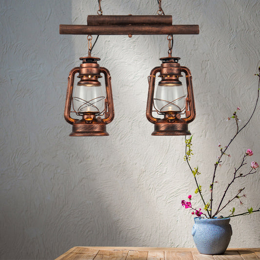 Bronze/Copper Lantern Island Light Fixture Coastal Clear Glass 2-Bulb Kitchen Hanging Lamp Clearhalo 'Ceiling Lights' 'Glass shade' 'Glass' 'Island Lights' 'Pendant Lights' Lighting' 163858