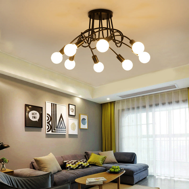 3/5-Head Ceiling Flush Mount with Twist Arm Metal Retro Stylish Kitchen Semi Flush Mount Lighting in Black/White 8 Black Clearhalo 'Ceiling Lights' 'Close To Ceiling Lights' 'Close to ceiling' 'Semi-flushmount' Lighting' 16386